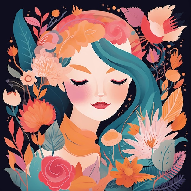 illustratie van een vrouw omringd door bloemen