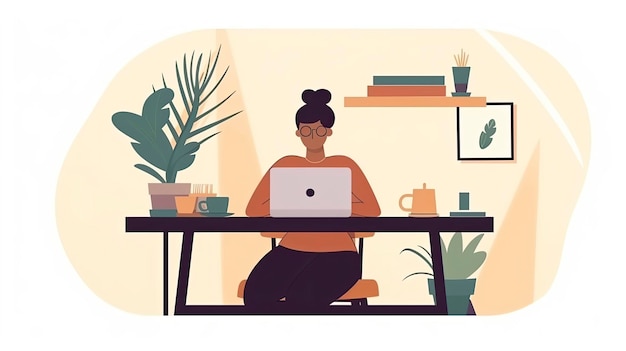 Illustratie van een vrouw zit aan een bureau met een laptop voor haar