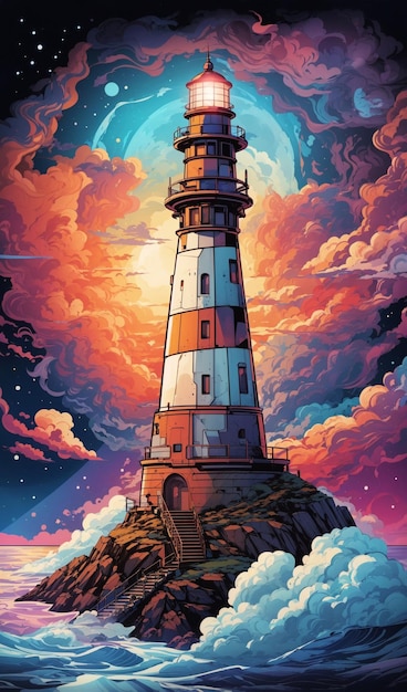 Illustratie van een vuurtoren in het midden van een zee van sterrenhemel en kleurrijke wolken 4