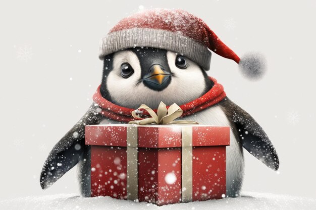 Illustratie van een winterkarakter van een schattige pinguïn met een rode kerstmuts met een kerstcadeau