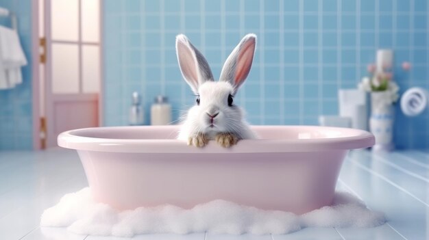 Illustratie van een wit konijn dat in een roze badkuip zit