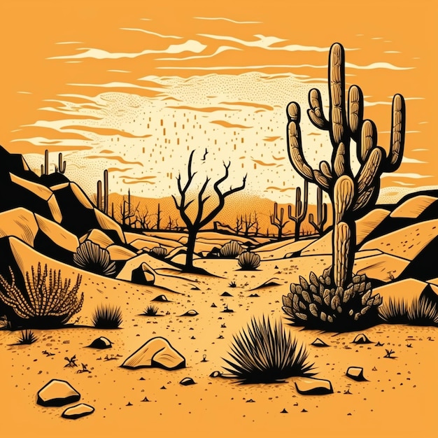 illustratie van een woestijnlandschap met cactusbomen en rotsen generatieve ai