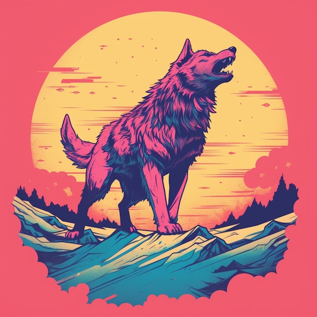 Illustratie van een wolf die op een rots staat met een zonsondergang op de achtergrond generatieve ai