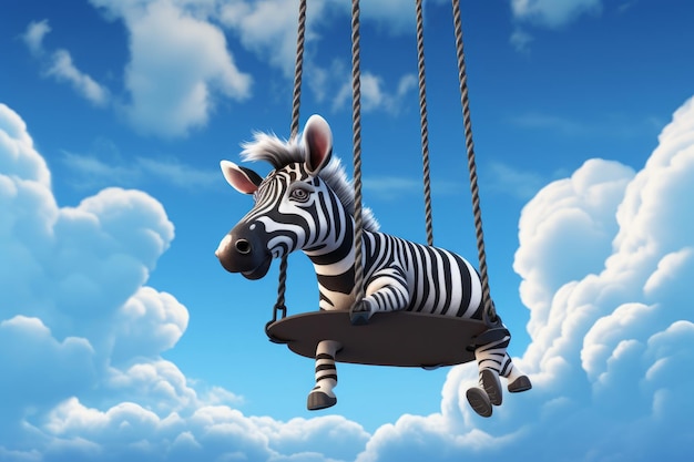 Illustratie van een zebra die op een schommelbalk over een blauwe hemel zwaait met wolken schuim