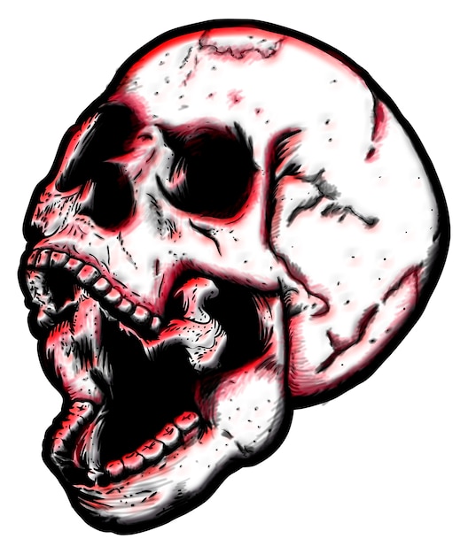 Illustratie van een zeer expressieve en angstaanjagende schedel op een witte achtergrond
