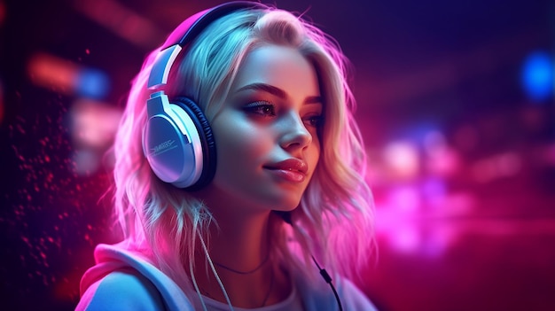 Illustratie van een zelfverzekerde streamer met roze haar, gaming vibes en stijlvolle koptelefoon