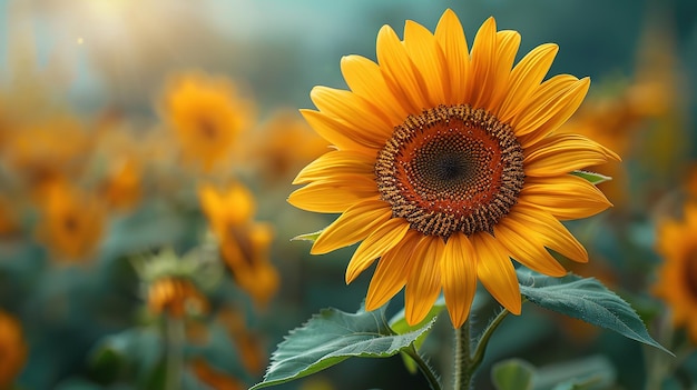 Illustratie van een zonnebloem op een achtergrond van vele zonneblommen