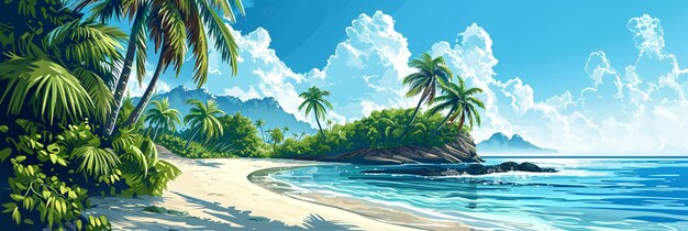 illustratie van een zonnig zandstrand met een tropisch klimaat