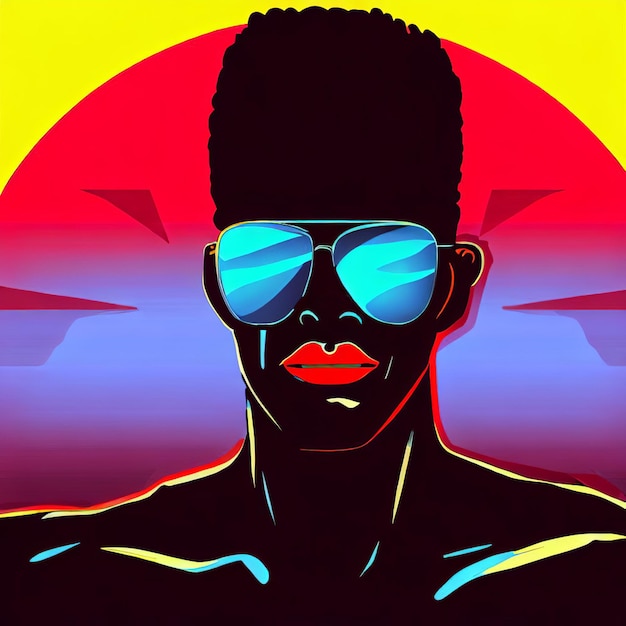 Illustratie van een zwarte man met een zonnebril op een achtergrond van de zon Pop art stijl