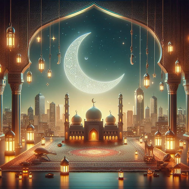 illustratie van Eid Mubarak achtergrond met moskee