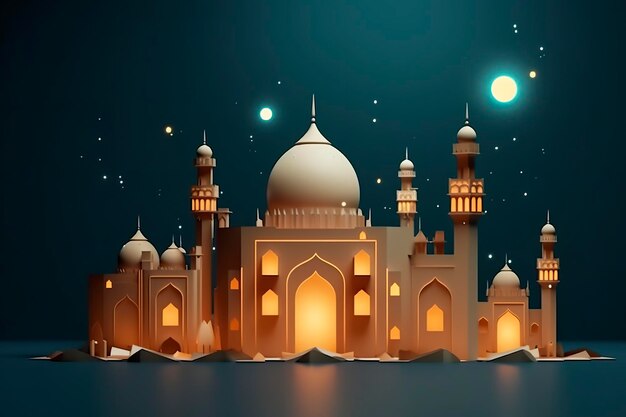 Illustratie van eid Mubarak-nacht met licht van een lamp papierstijl luxe gelukkige Eid-achtergrond AI generatief