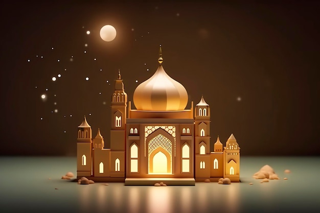 Illustratie van eid Mubarak-nacht met licht van een lamp papierstijl luxe gelukkige Eid-achtergrond AI generatief