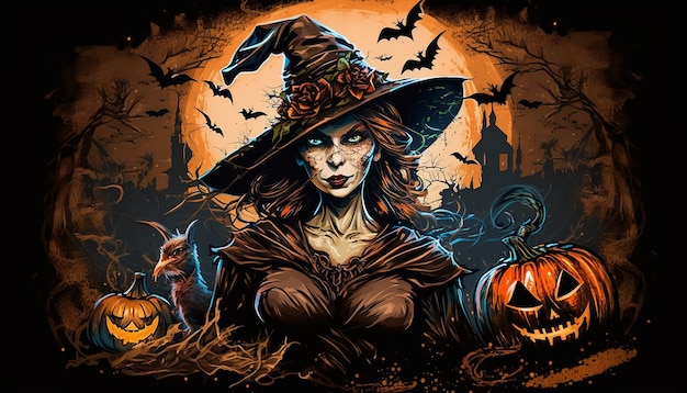 Illustratie van enge vrouwen in een heksenkostuum voor Halloween-achtergrond Generatieve ai