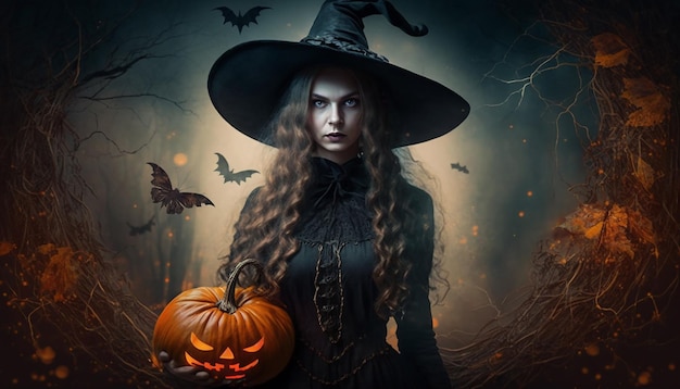 Illustratie van enge vrouwen in een heksenkostuum voor Halloween-achtergrond Generatieve ai