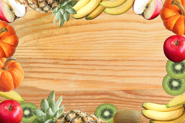 Illustratie van frame van kleurrijk geassorteerd vers fruit op houten achtergrond