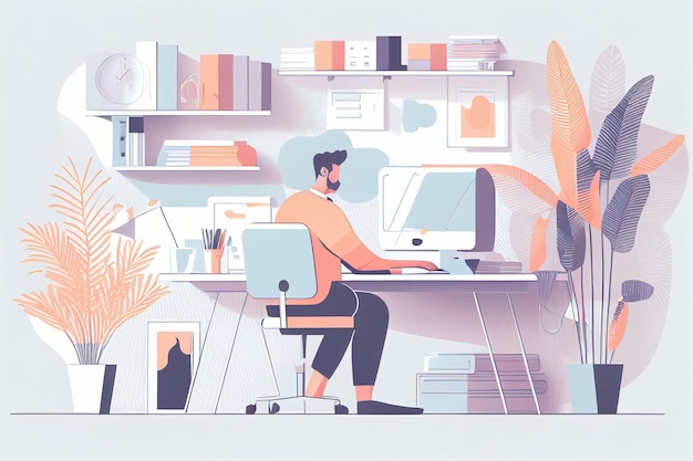 Illustratie van freelance en zakenman werk vanuit huis Gemaakt met generatieve AI-technologie