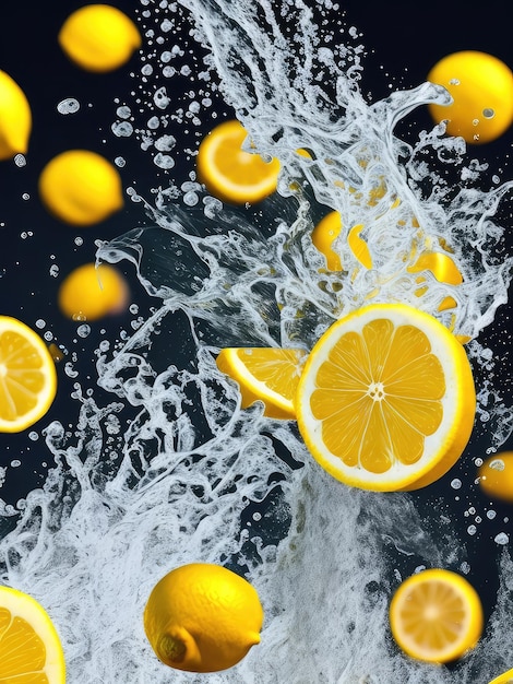 Illustratie van fruit dat in een watermassa valt en rimpelingen en spatten veroorzaakt die zijn gemaakt met Generative AI-technologie