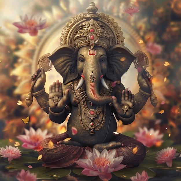 illustratie van Ganesha Hindoe God met bloemen olieverf schilderij opgenomen in de hemel