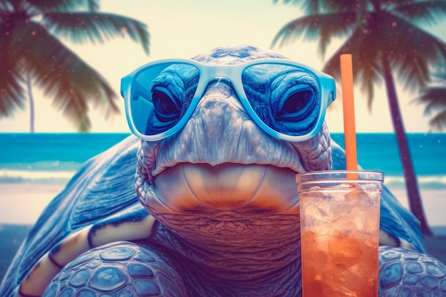 Illustratie van gelukkige schildpad in zonnebril met cocktail op het strand Zomervakantie Generativ AI