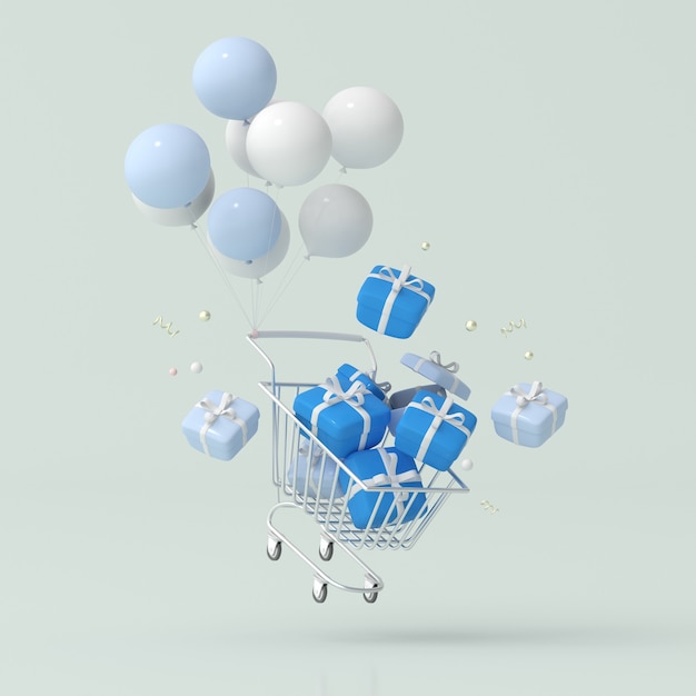 Illustratie van geschenkdozen in winkelwagen met zwevende ballonnen. 3D-rendering.