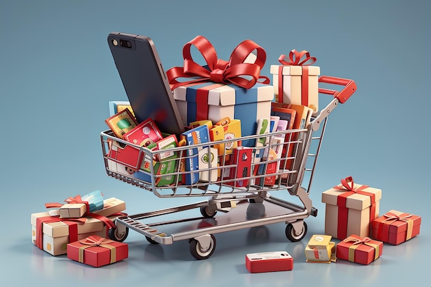 Illustratie van geschenkkistjes in een winkelwagentje met creditcards en smartphone3d-rendering