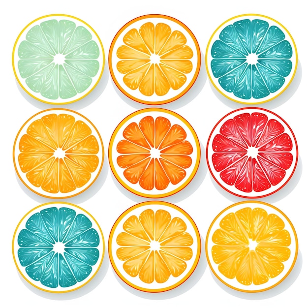 Illustratie van gesneden fruitige sinaasappelen van verschillende kleuren gerangschikt in een prachtig esthetisch patroon