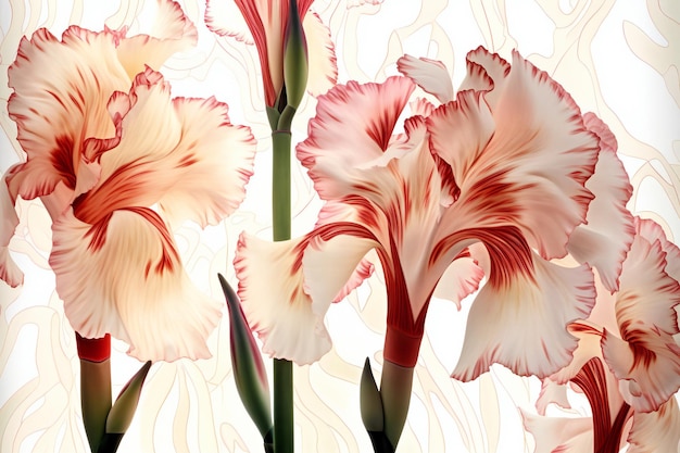 Illustratie van gladiolenbloemen op witte achtergrond met vignet