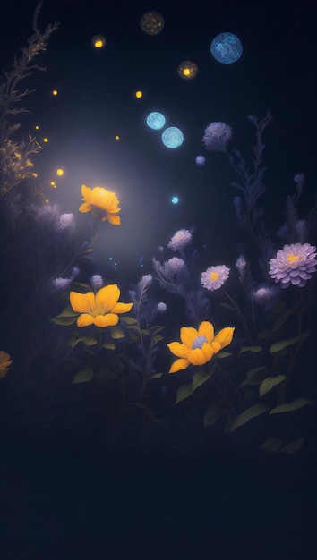 Illustratie van gloeiende bloemen in een mystieke nachtscène