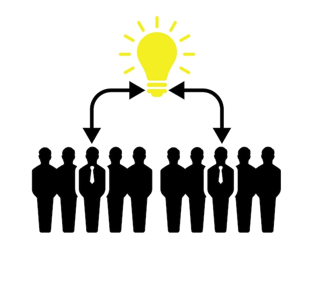 Illustratie van gloeilamp en mensenpictogrammen op een wit backgroundManagement en leiderconcept