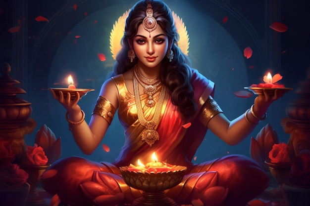 Foto illustratie van godin lakshmi die de zegeningen van overvloed tijdens diwali symboliseert