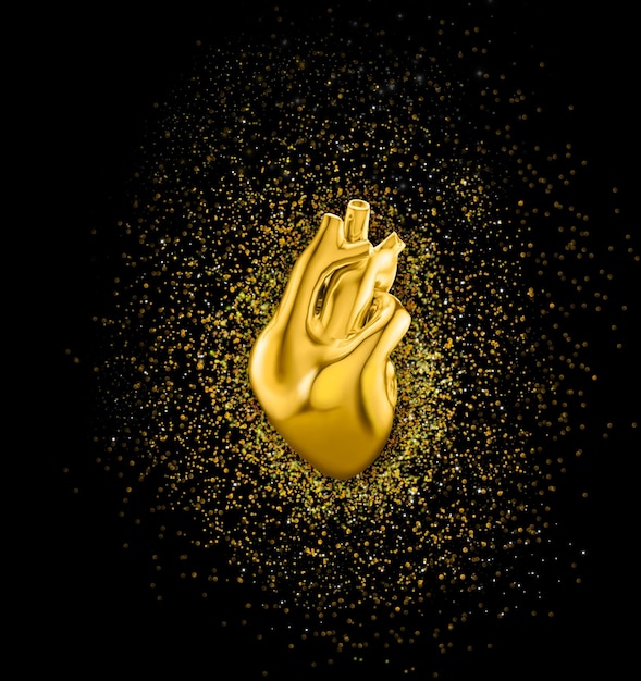 Illustratie van gouden menselijk hart 3D illustratie met gouden glanzende confetti op zwart