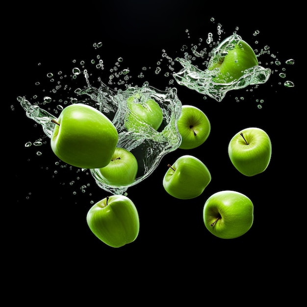 illustratie van groene appels die van een zwarte achtergrond vallen
