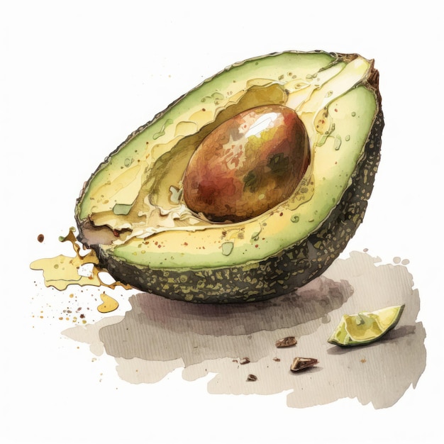 Foto illustratie van groene avocado aquarel tekening geïsoleerd op neutrale achtergrond