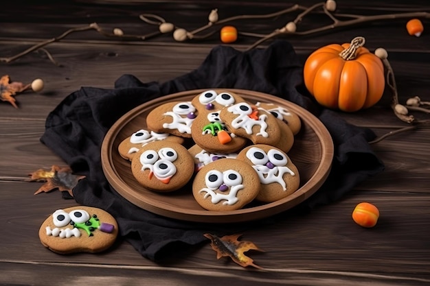 Illustratie van Halloween-koekjes op een donkere en griezelige houten achtergrond Generatieve AI