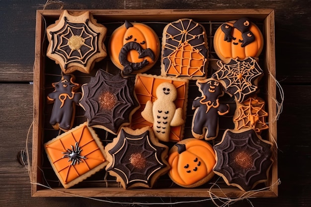 Illustratie van Halloween-koekjes op een donkere en griezelige houten achtergrond Generatieve AI