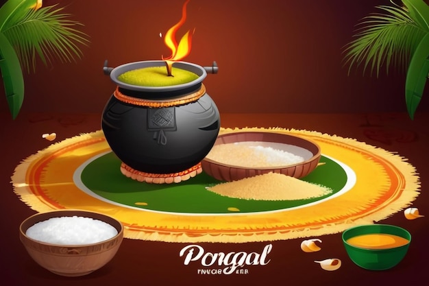 Illustratie van Happy Pongal Holiday groeten Oogstfestival van Zuid-India