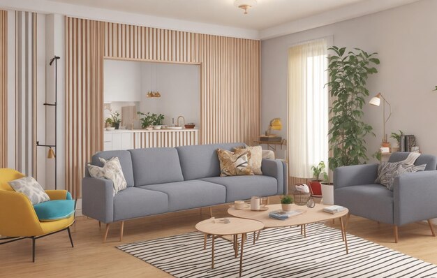 Illustratie van het 3D-interieur van de woonkamer Decoratie Generatieve ai