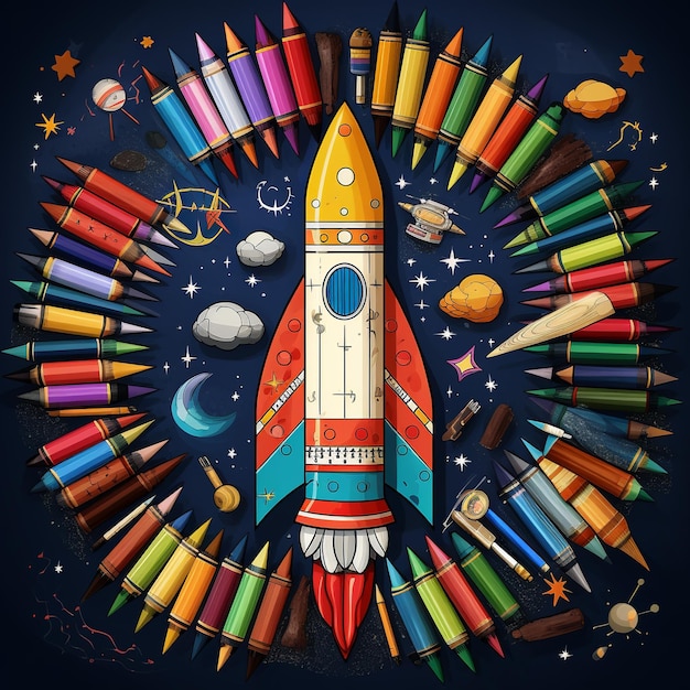 illustratie van het Back to school-thema met met de hand getekende raket en kleur