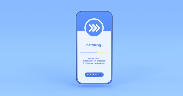 Illustratie van het installeren van een mobiele app op blauwe achtergrond 3D-weergave