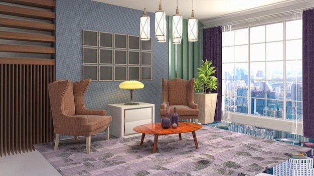 Illustratie van het interieur van de woonkamer