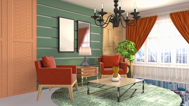 Illustratie van het interieur van de woonkamer