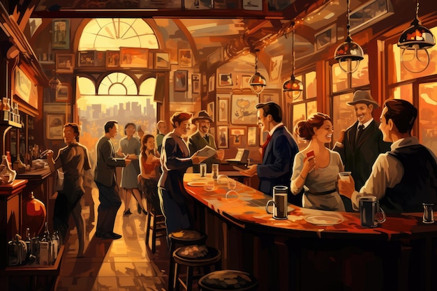 Illustratie van het interieur van een bar met mensen die aan de tafel zitten Concept van pubcultuur en drinken AI gegenereerd