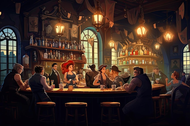 Illustratie van het interieur van een pub met mensen in de avond Concept van pubcultuur en drinken AI gegenereerd