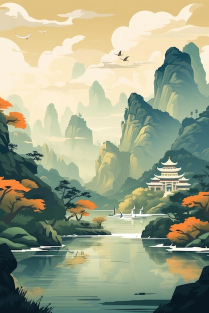 Illustratie van het landschap van de Guilin Li-rivier en het Karst-gebergte China Generatieve ai