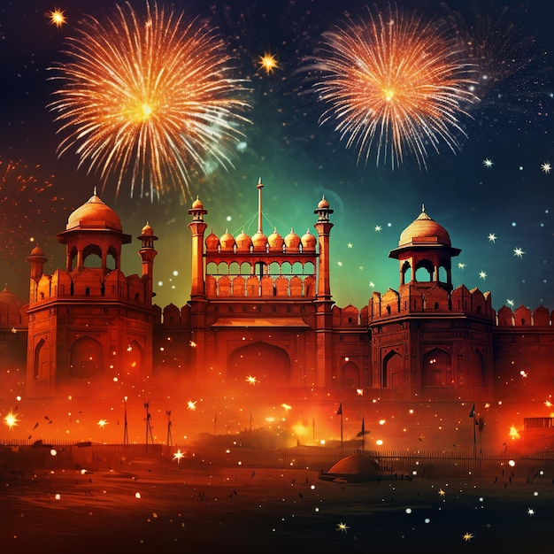 illustratie van het Rode Fort bij nacht met vuurwerk India Toerisme Attra