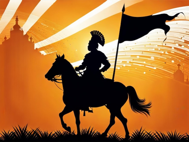 Illustratie van het silhouet van een Indiase krijger Shivaji maharaj op paard met een vlag