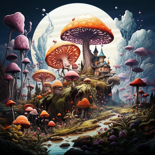 Illustratie van het surrealistische fantasie paddenstoelwoud