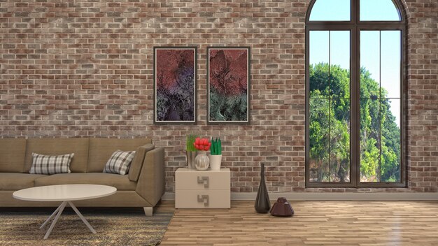 Illustratie van het woonkamerbinnenland. 3D render