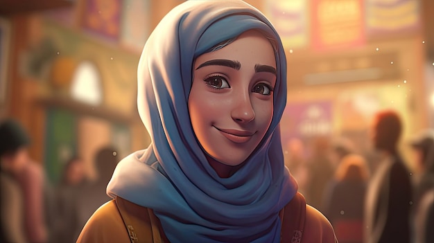 Illustratie van Hijab Day Mooie jonge vrouwen die een hijab dragen in Disney-stijl