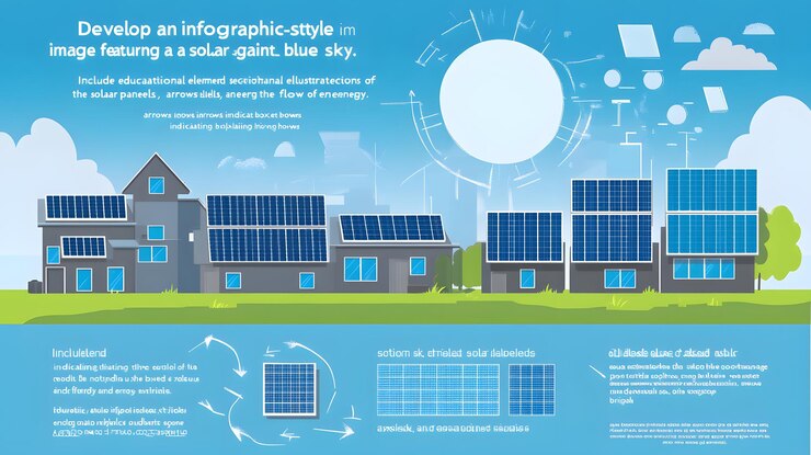 Illustratie van huizen met zonnepanelen en pijlen die de energiestroom illustreren